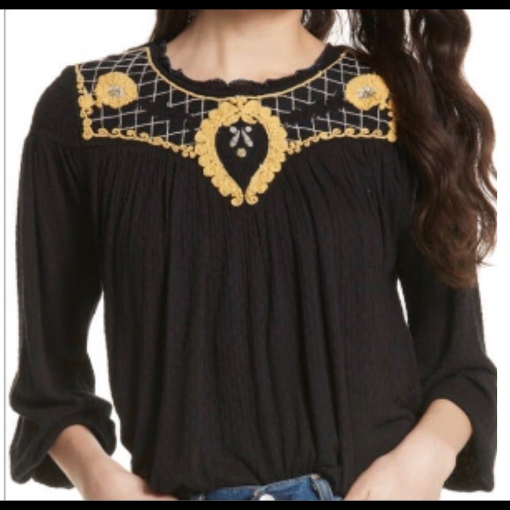 Free People Embroidered Black Yoke Top - XS